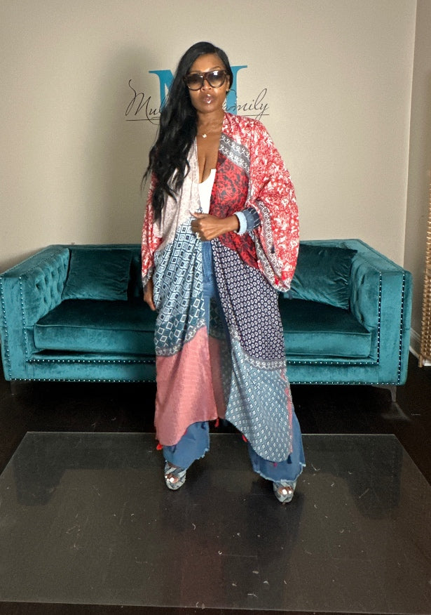 Brooklyn Open Front Kimono Long Kimono - Red blue Cream Blend Ships 9/10