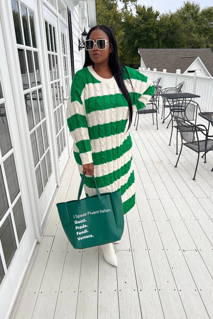 Emerald Green and Cream Cable Knit Sweater Dress