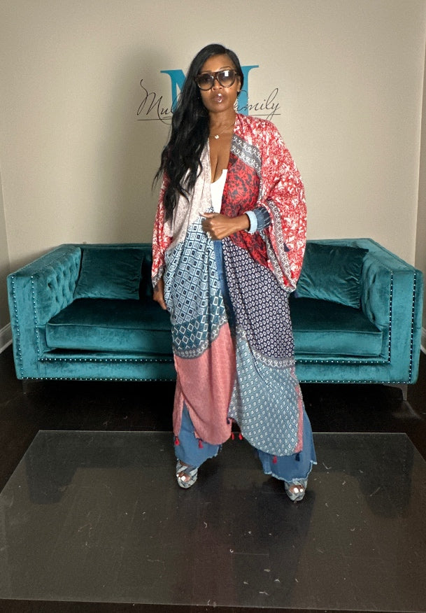 Brooklyn Open Front Kimono Long Kimono - Red blue Cream Blend Ships 9/10