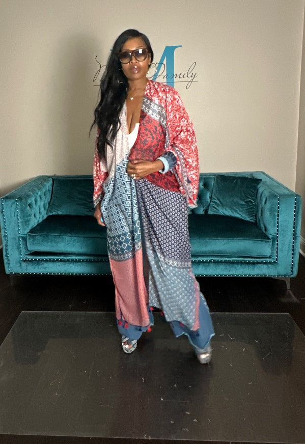 Brooklyn Open Front Kimono Long Kimono - Red blue Cream Blend Ships 9/10