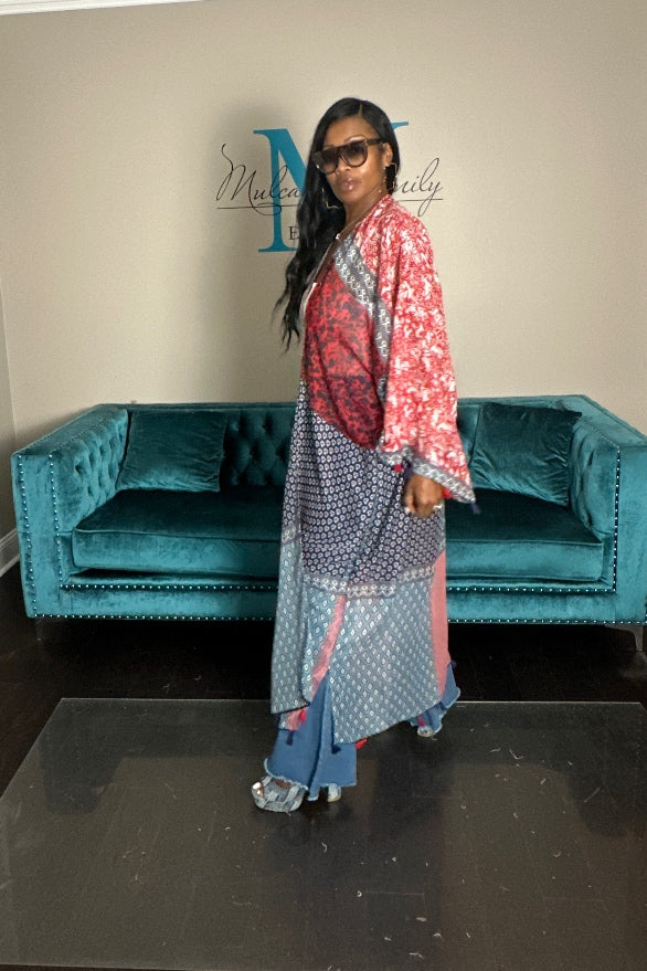 Brooklyn Open Front Kimono Long Kimono - Red blue Cream Blend Ships 9/10