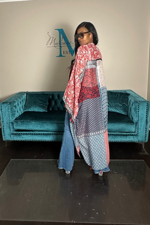 Brooklyn Open Front Kimono Long Kimono - Red blue Cream Blend Ships 9/10