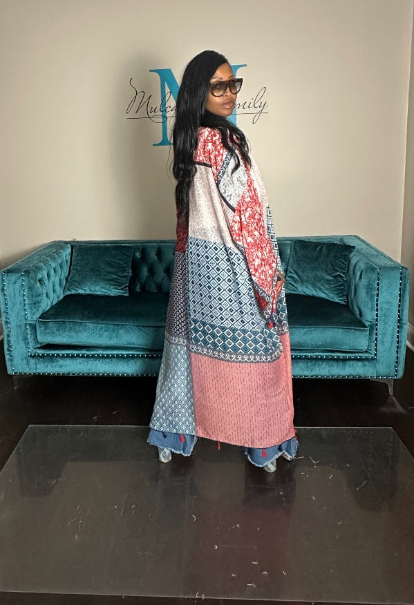 Brooklyn Open Front Kimono Long Kimono - Red blue Cream Blend Ships 9/10