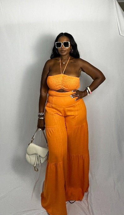 Summer Orange Linen 2 pc wide legged layered pant set