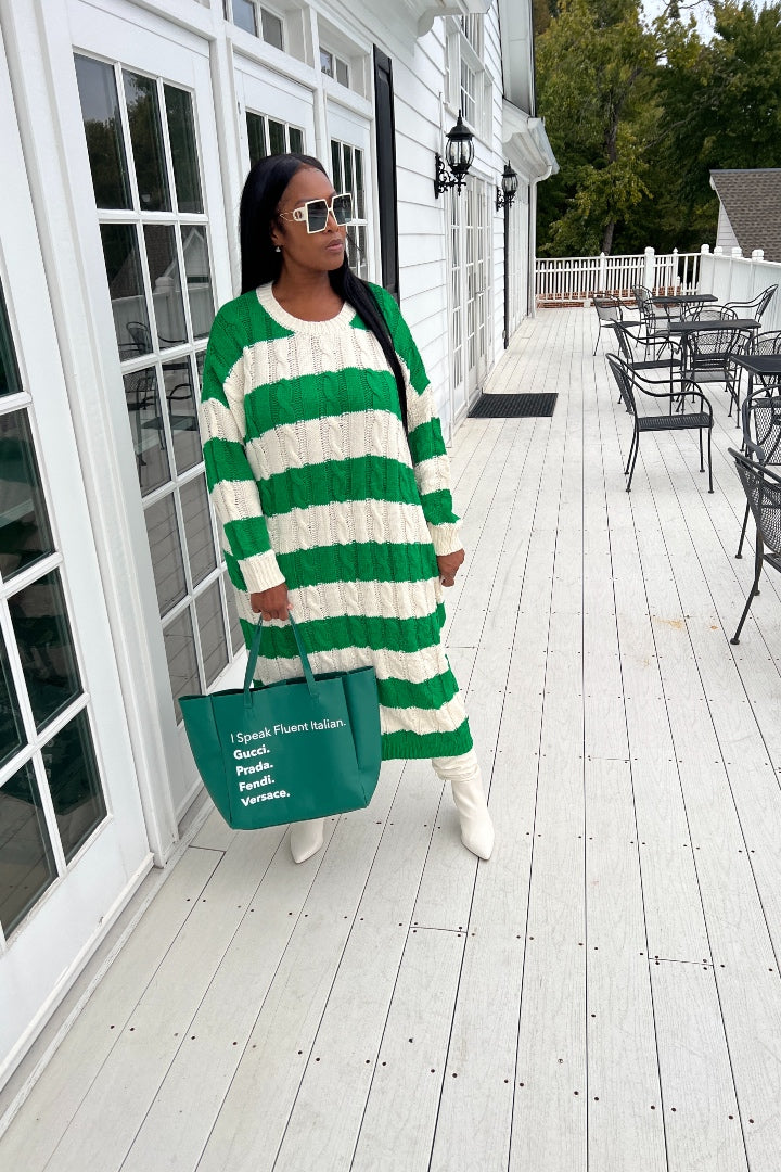 Emerald Green and Cream Cable Knit Sweater Dress