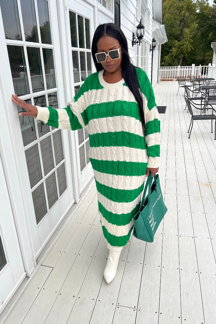 Emerald Green and Cream Cable Knit Sweater Dress