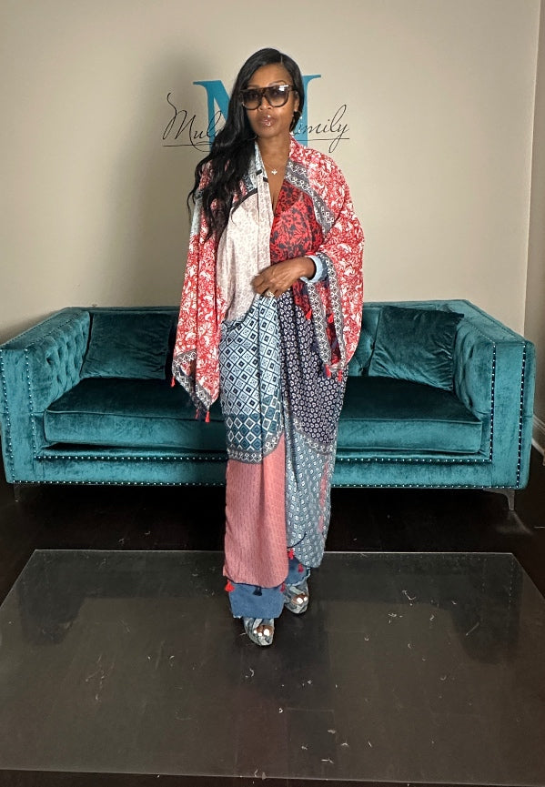 Brooklyn Open Front Kimono Long Kimono - Red blue Cream Blend Ships 9/10