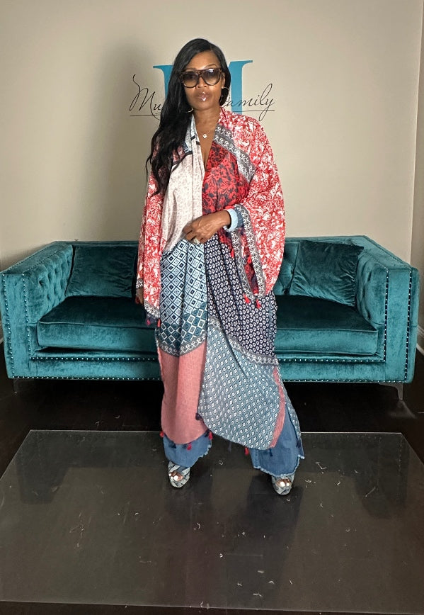 Brooklyn Open Front Kimono Long Kimono - Red blue Cream Blend Ships 9/10