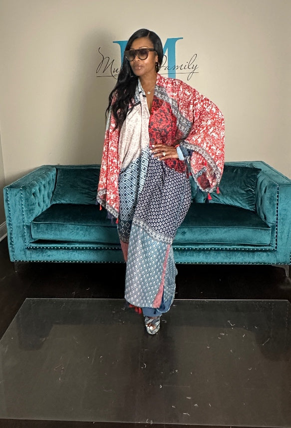 Brooklyn Open Front Kimono Long Kimono - Red blue Cream Blend Ships 9/10