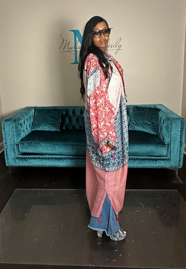 Brooklyn Open Front Kimono Long Kimono - Red blue Cream Blend Ships 9/10