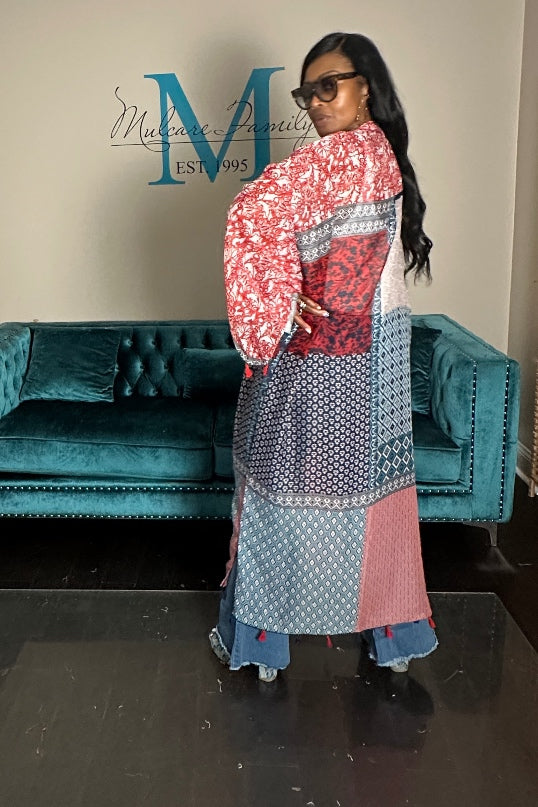 Brooklyn Open Front Kimono Long Kimono - Red blue Cream Blend Ships 9/10