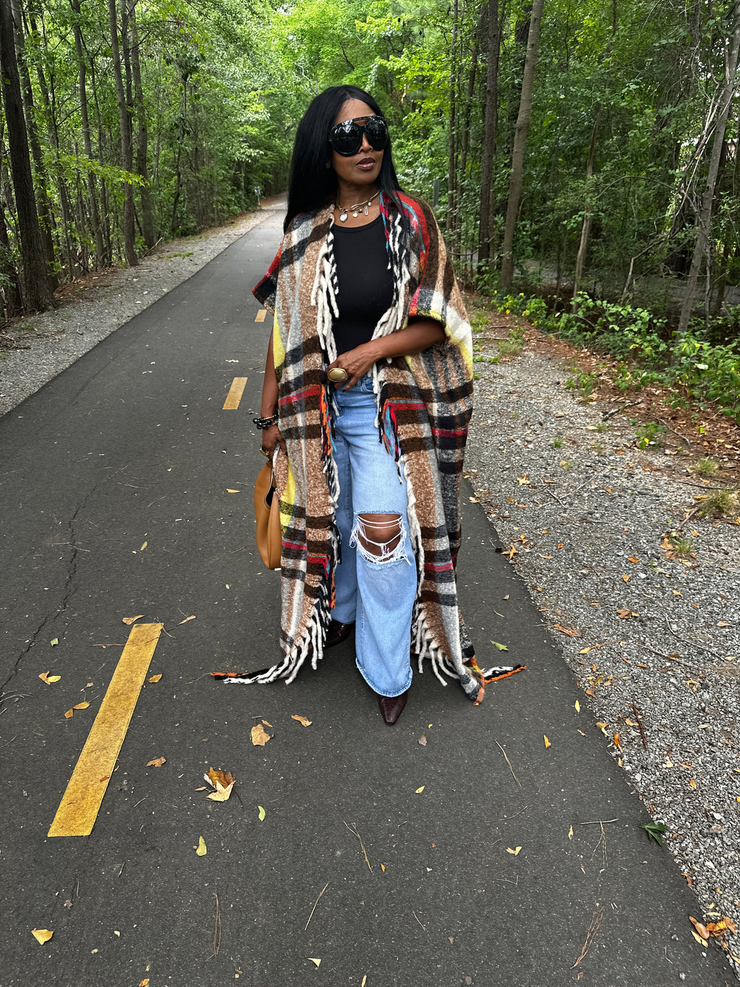Winter Open Front Long Chocolate Plaid Vest - Chocolate Yellow Red Black
