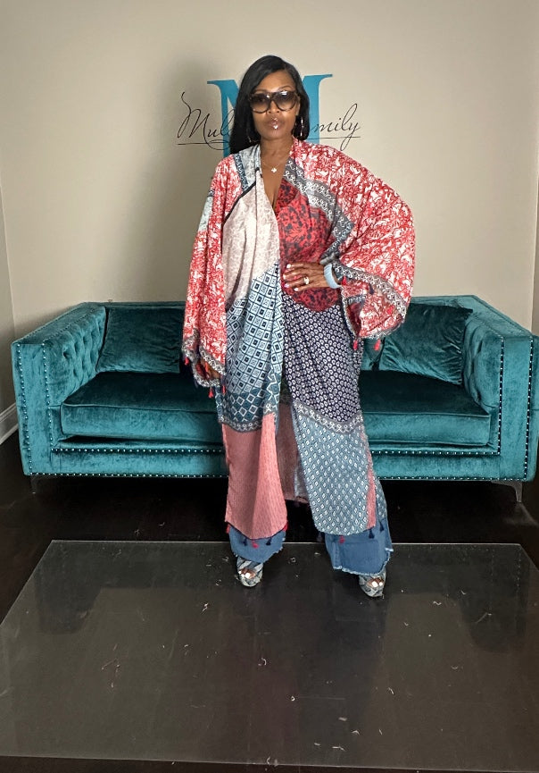 Brooklyn Open Front Kimono Long Kimono - Red blue Cream Blend Ships 9/10