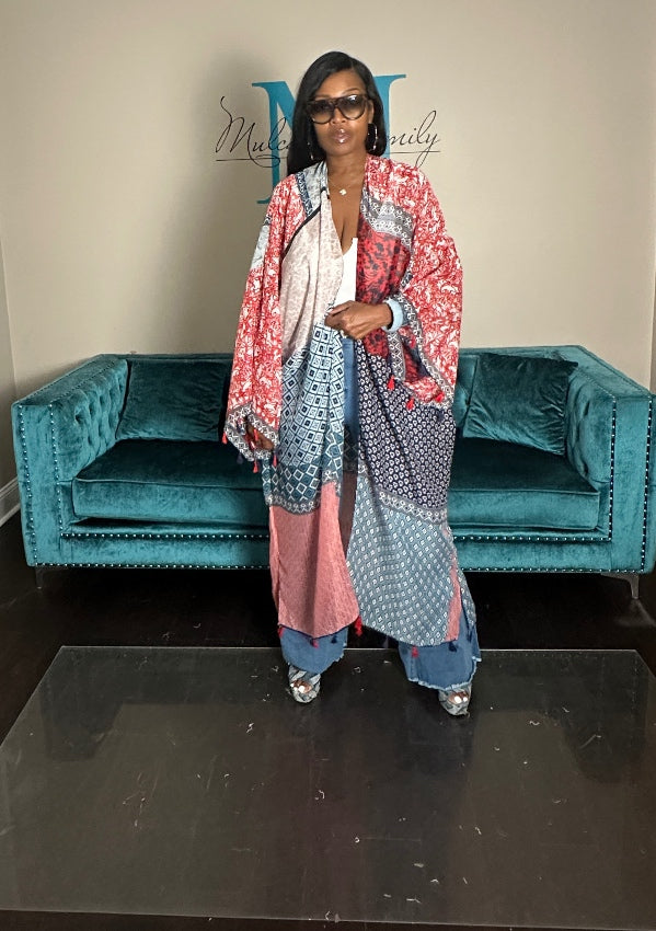 Brooklyn Open Front Kimono Long Kimono - Red blue Cream Blend Ships 9/10