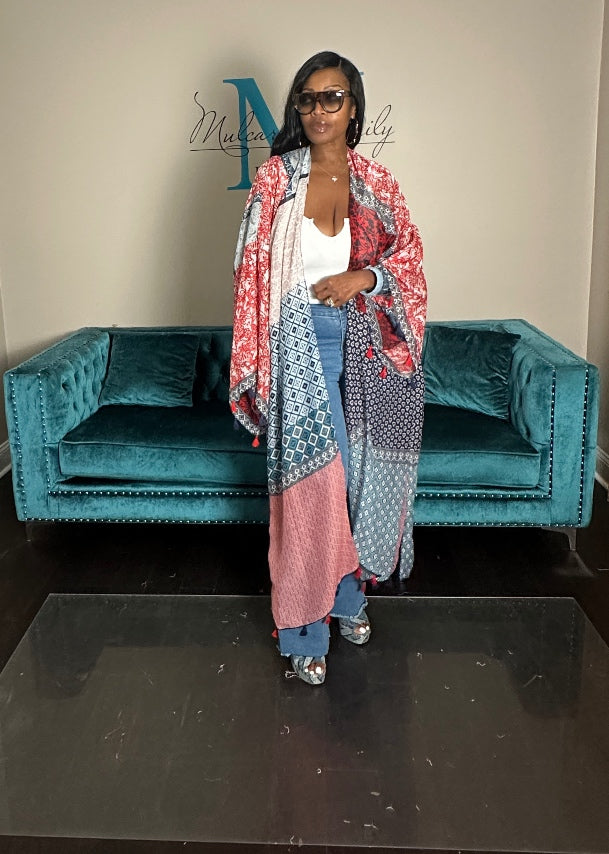 Brooklyn Open Front Kimono Long Kimono - Red blue Cream Blend Ships 9/10