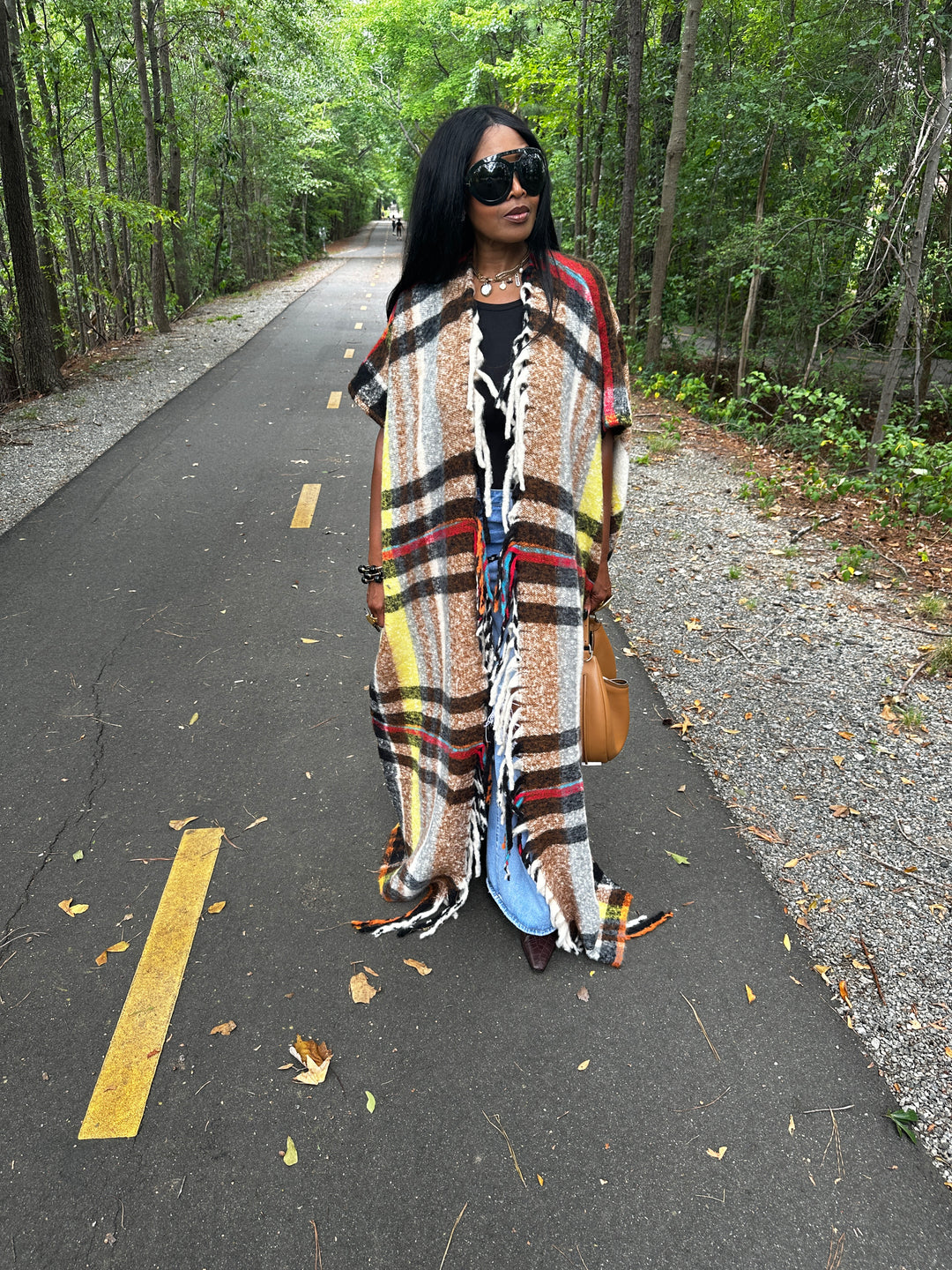 Winter Open Front Long Chocolate Plaid Vest - Chocolate Yellow Red Black