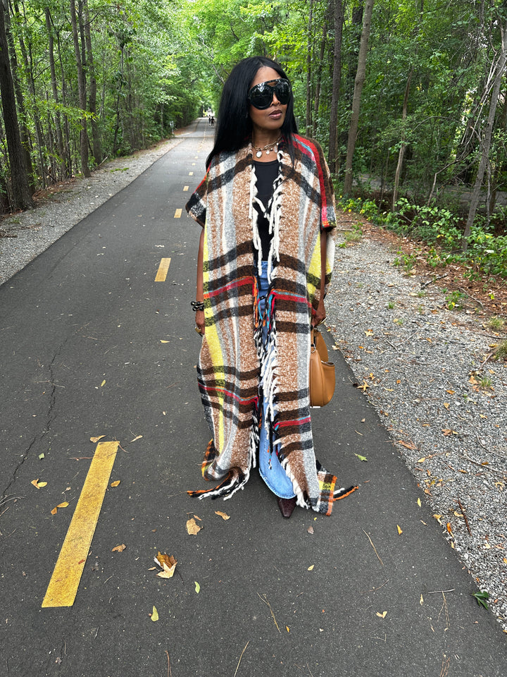 Winter Open Front Long Chocolate Plaid Vest - Chocolate Yellow Red Black