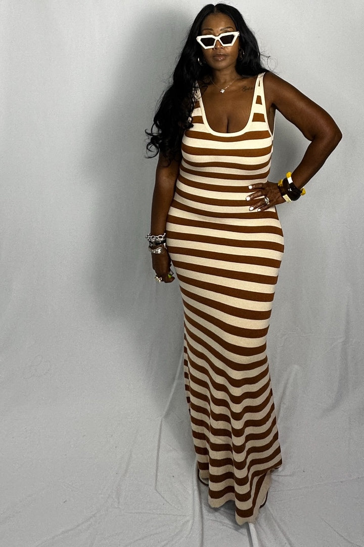 Summertime  Striped Open Back Maxi Camel and Cream