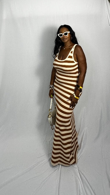 Summertime  Striped Open Back Maxi Camel and Cream