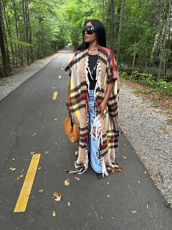Winter Open Front Long Chocolate Plaid Vest - Chocolate Yellow Red Black