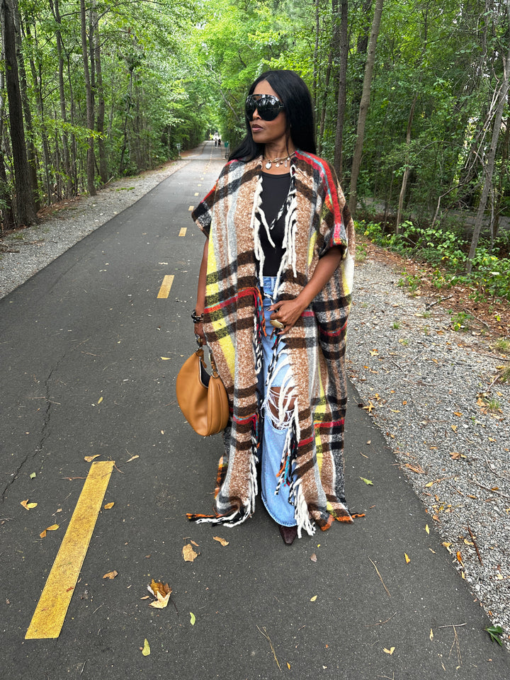 Winter Open Front Long Chocolate Plaid Vest - Chocolate Yellow Red Black