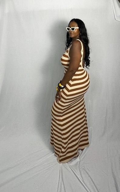 Summertime  Striped Open Back Maxi Camel and Cream