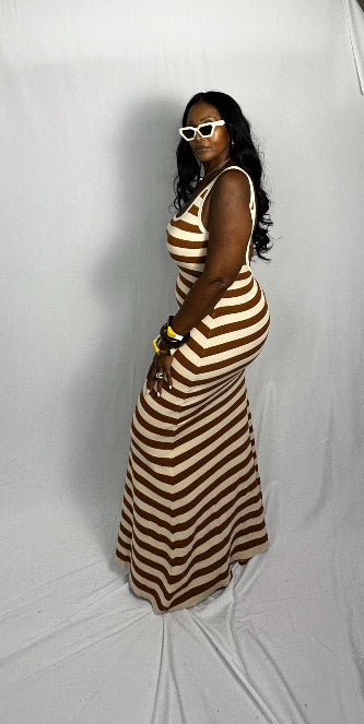 Summertime  Striped Open Back Maxi Camel and Cream