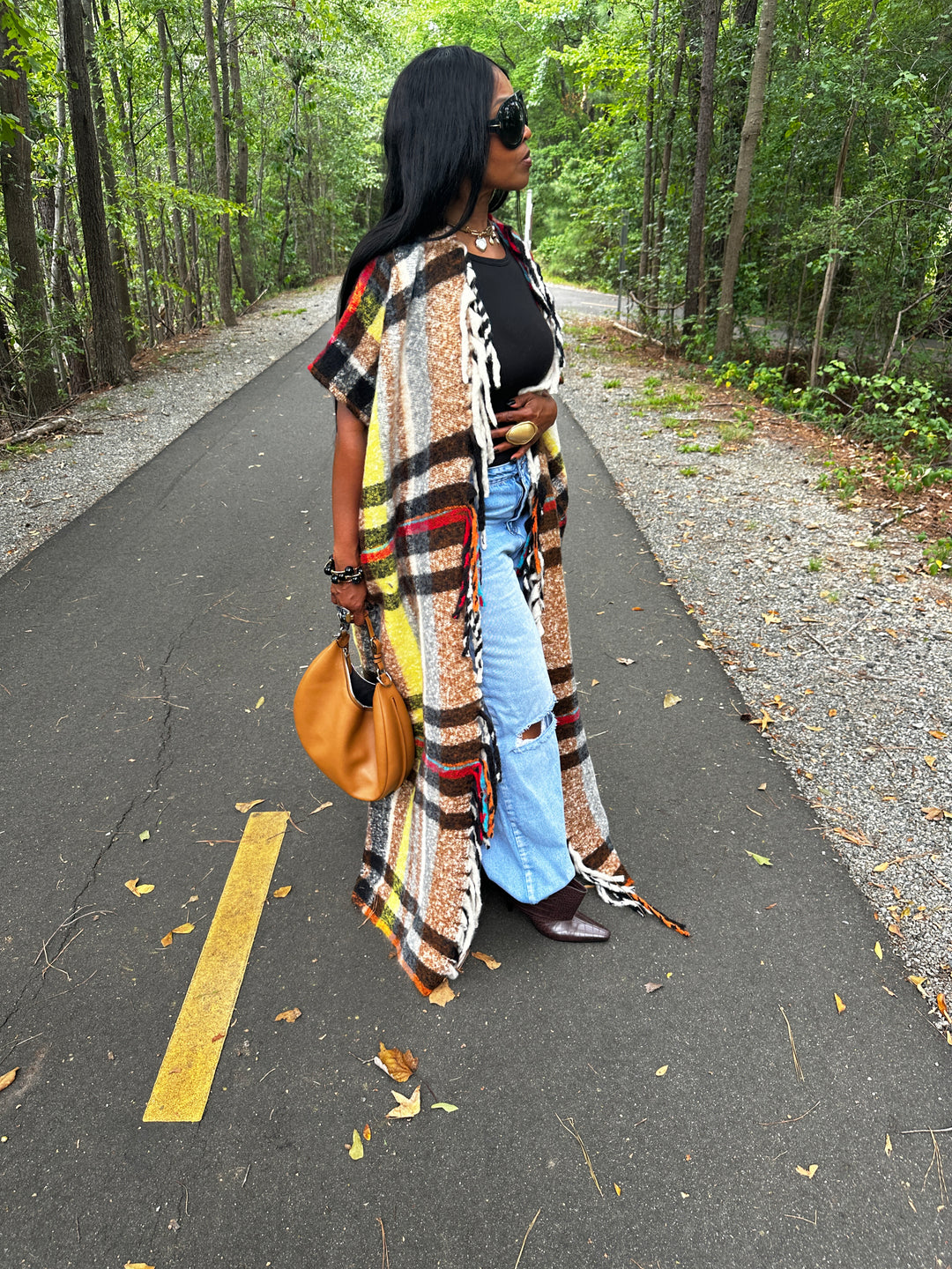 Winter Open Front Long Chocolate Plaid Vest - Chocolate Yellow Red Black