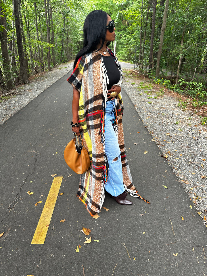 Winter Open Front Long Chocolate Plaid Vest - Chocolate Yellow Red Black