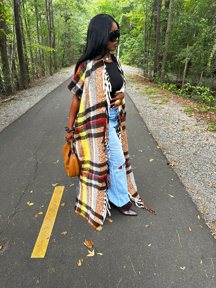 Winter Open Front Long Chocolate Plaid Vest - Chocolate Yellow Red Black
