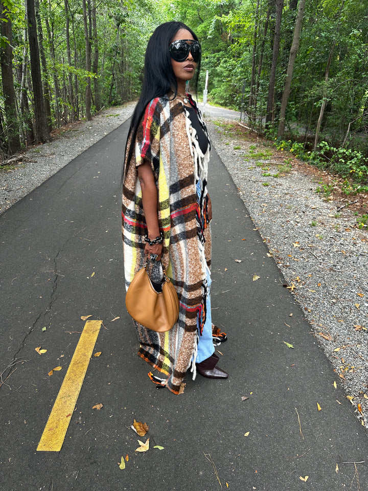 Winter Open Front Long Chocolate Plaid Vest - Chocolate Yellow Red Black