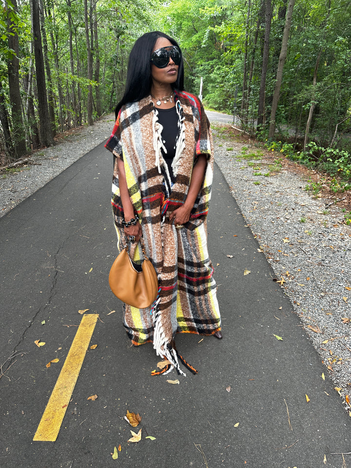 Winter Open Front Long Chocolate Plaid Vest - Chocolate Yellow Red Black