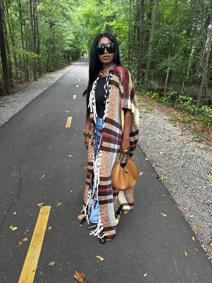 Winter Open Front Long Chocolate Plaid Vest - Chocolate Yellow Red Black