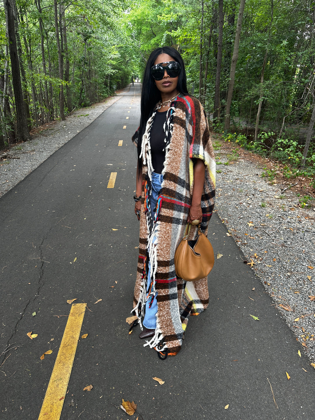 Winter Open Front Long Chocolate Plaid Vest - Chocolate Yellow Red Black