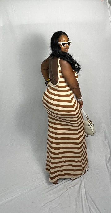 Summertime  Striped Open Back Maxi Camel and Cream