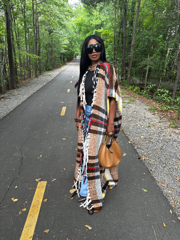 Winter Open Front Long Chocolate Plaid Vest - Chocolate Yellow Red Black