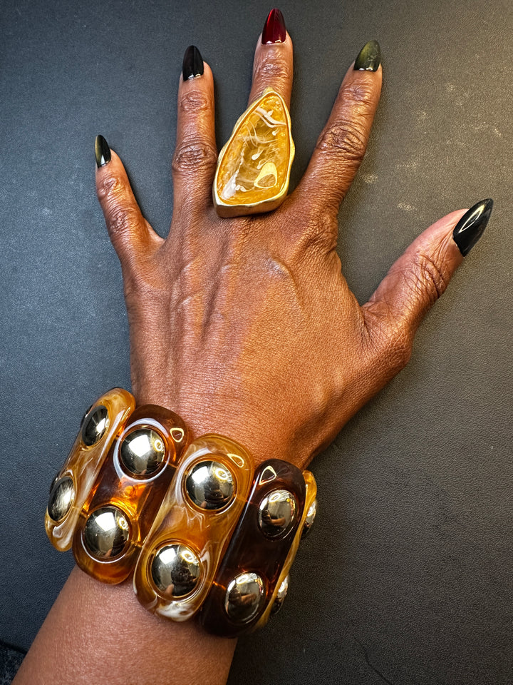 Studded Stretch Marble Bracelet with Gold Studs - Amber and Mustard Blend