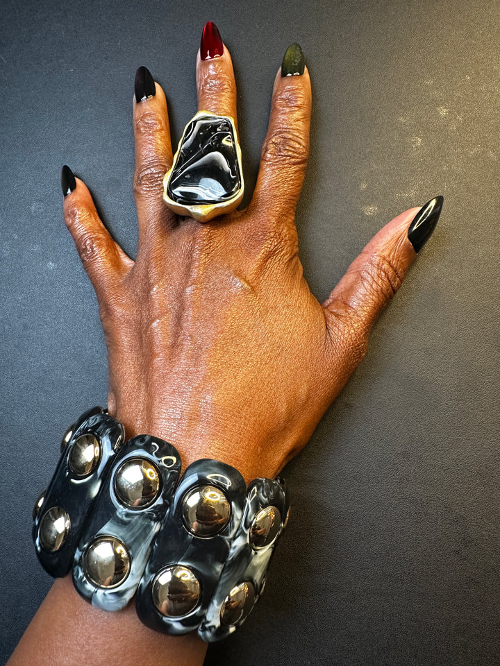 Studded Stretch Marble Bracelet with Gold Studs - Black
