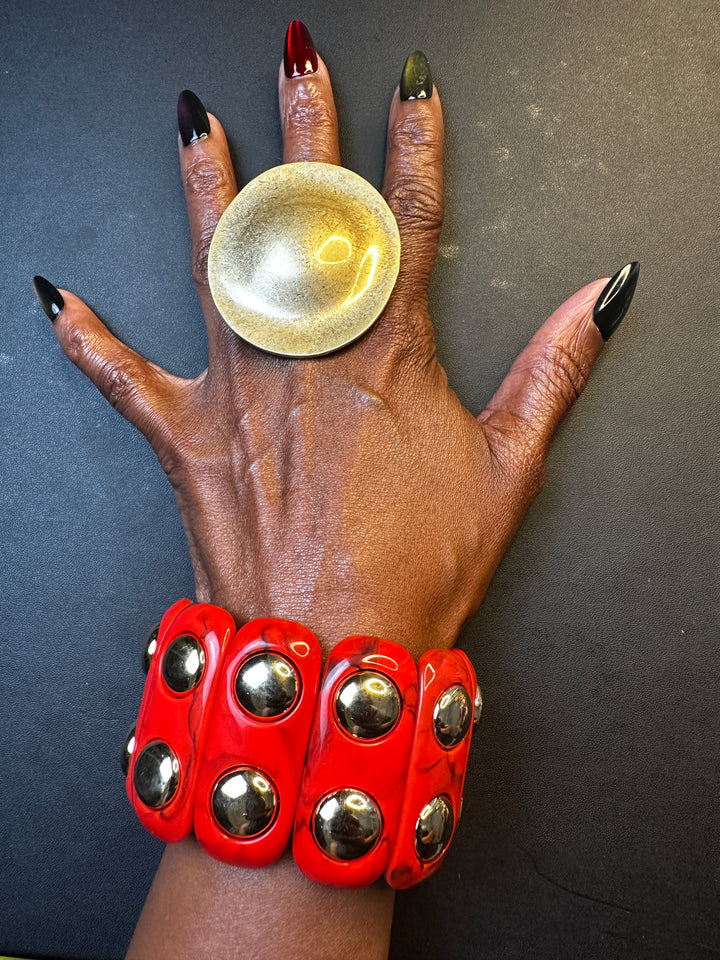 Studded Stretch Marble Bracelet with Gold Studs - Red