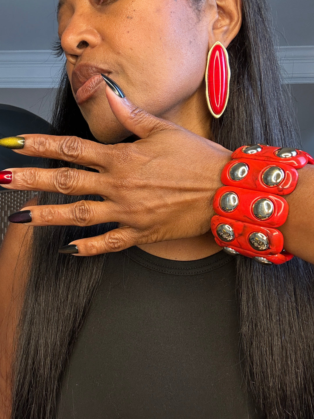 Studded Stretch Marble Bracelet with Gold Studs - Red