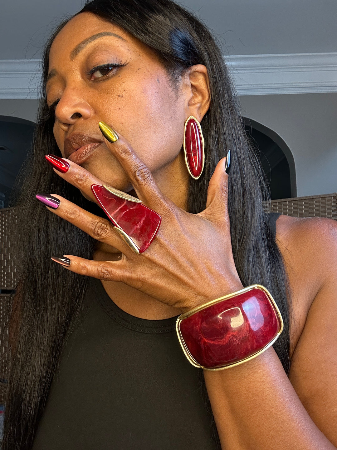 Oversized Bold Oval Drop Statement Earrings - Burgundy