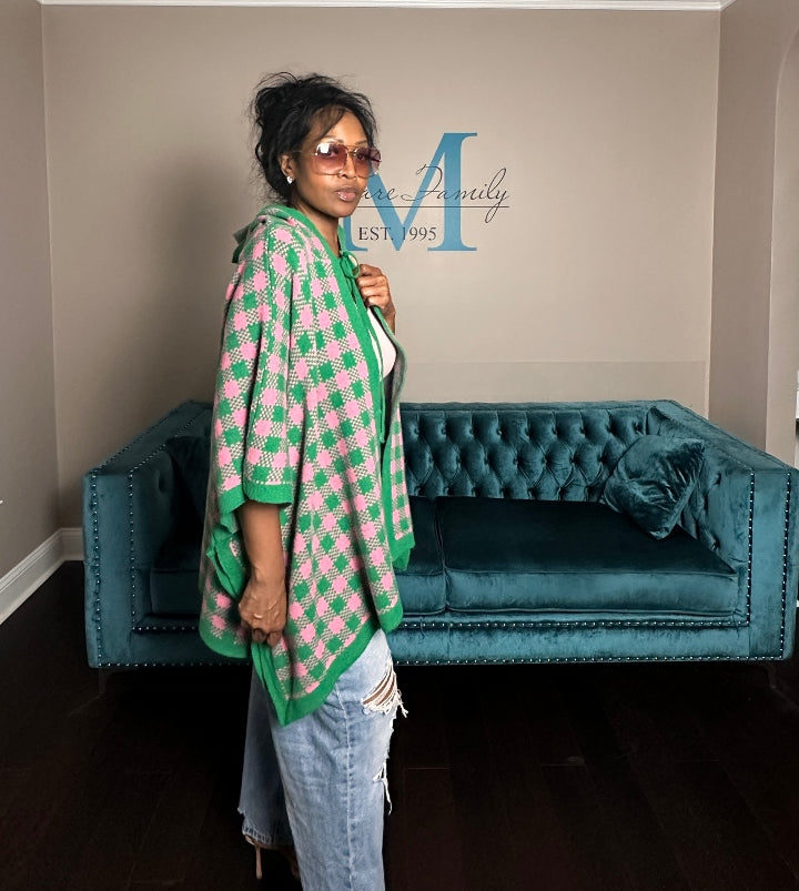 Pink and Green Blend Hooded Poncho