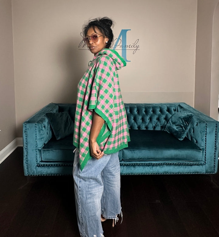 Pink and Green Blend Hooded Poncho