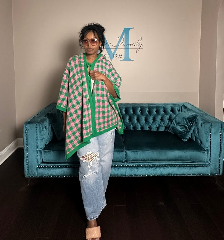 Pink and Green Blend Hooded Poncho