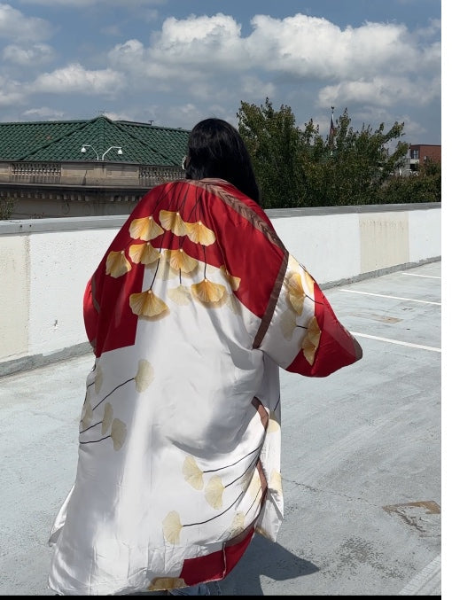 Sydney Satin Open Front Kimono Long Kimono - Burgundy Cream  Chocolate Blend Ships 5/30