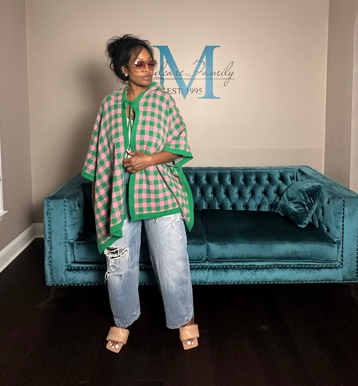 Pink and Green Blend Hooded Poncho