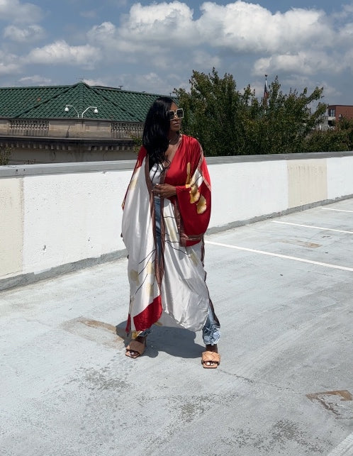 Sydney Satin Open Front Kimono Long Kimono - Burgundy Cream  Chocolate Blend Ships 5/30