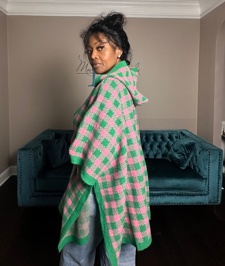 Pink and Green Blend Hooded Poncho