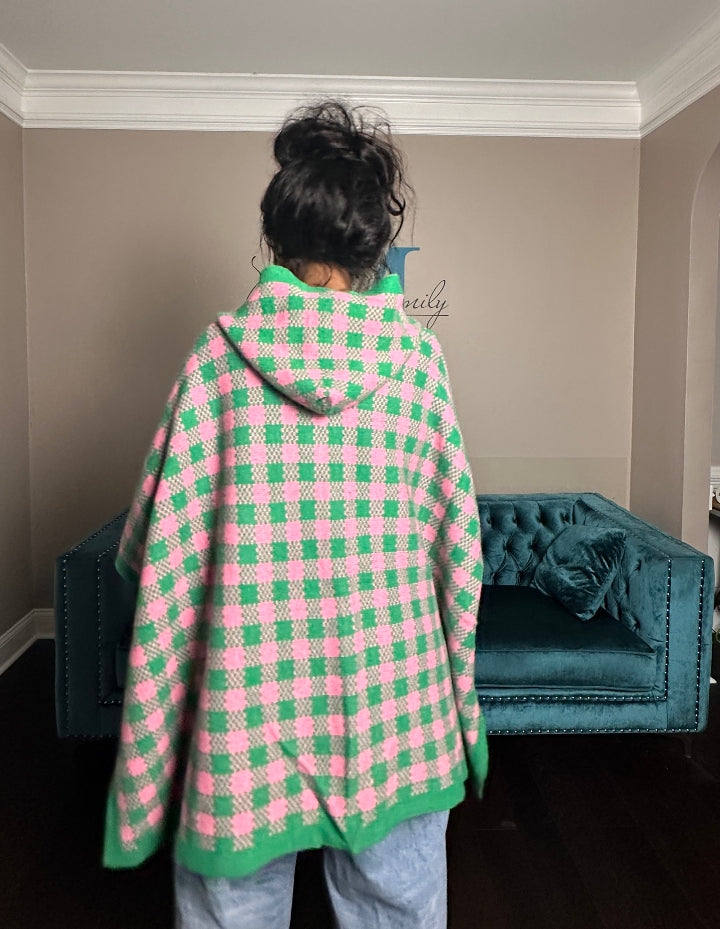 Pink and Green Blend Hooded Poncho