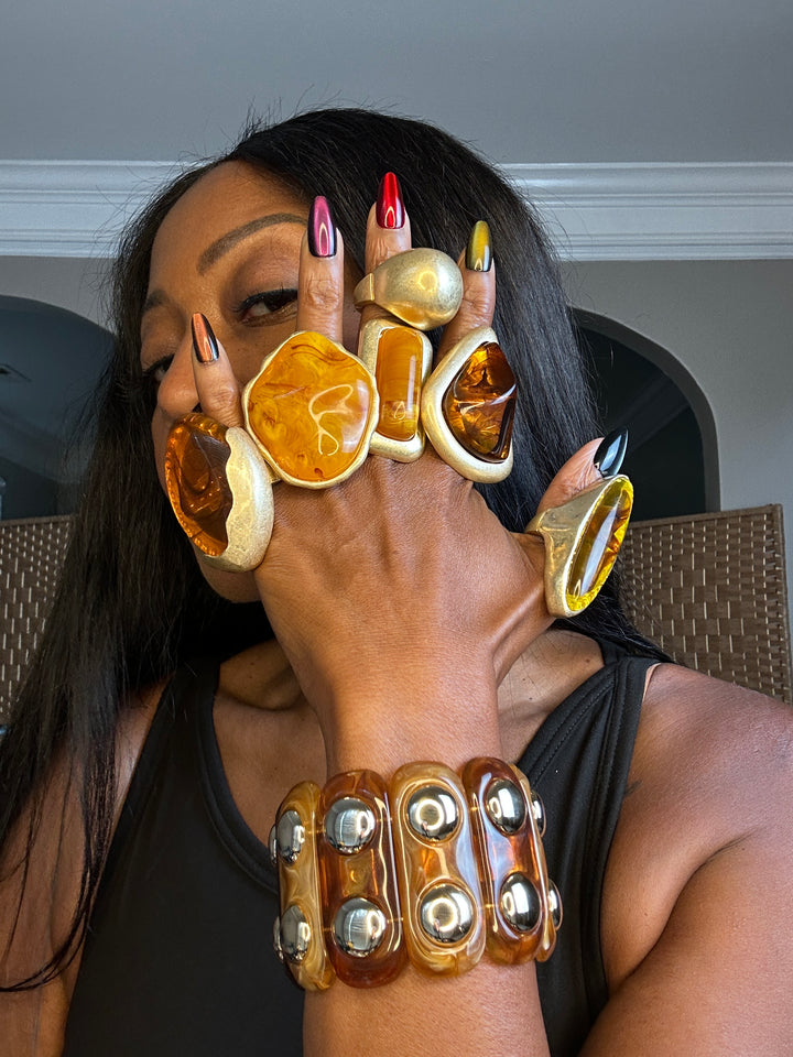 Studded Stretch Marble Bracelet with Gold Studs - Amber and Mustard Blend